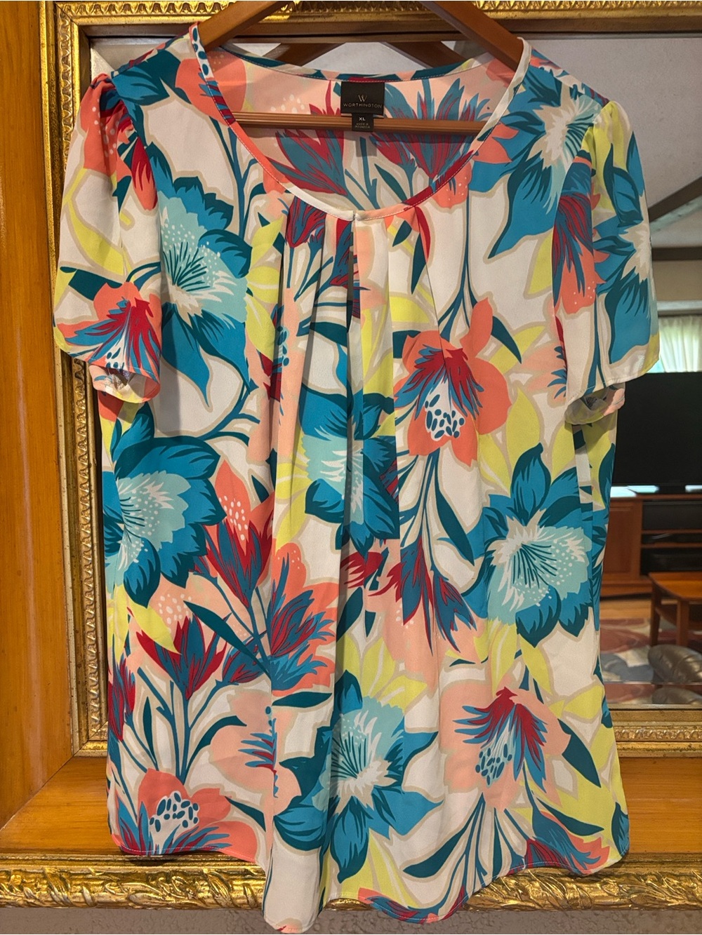 Worthington Blue & Pink Floral Top - Size XL